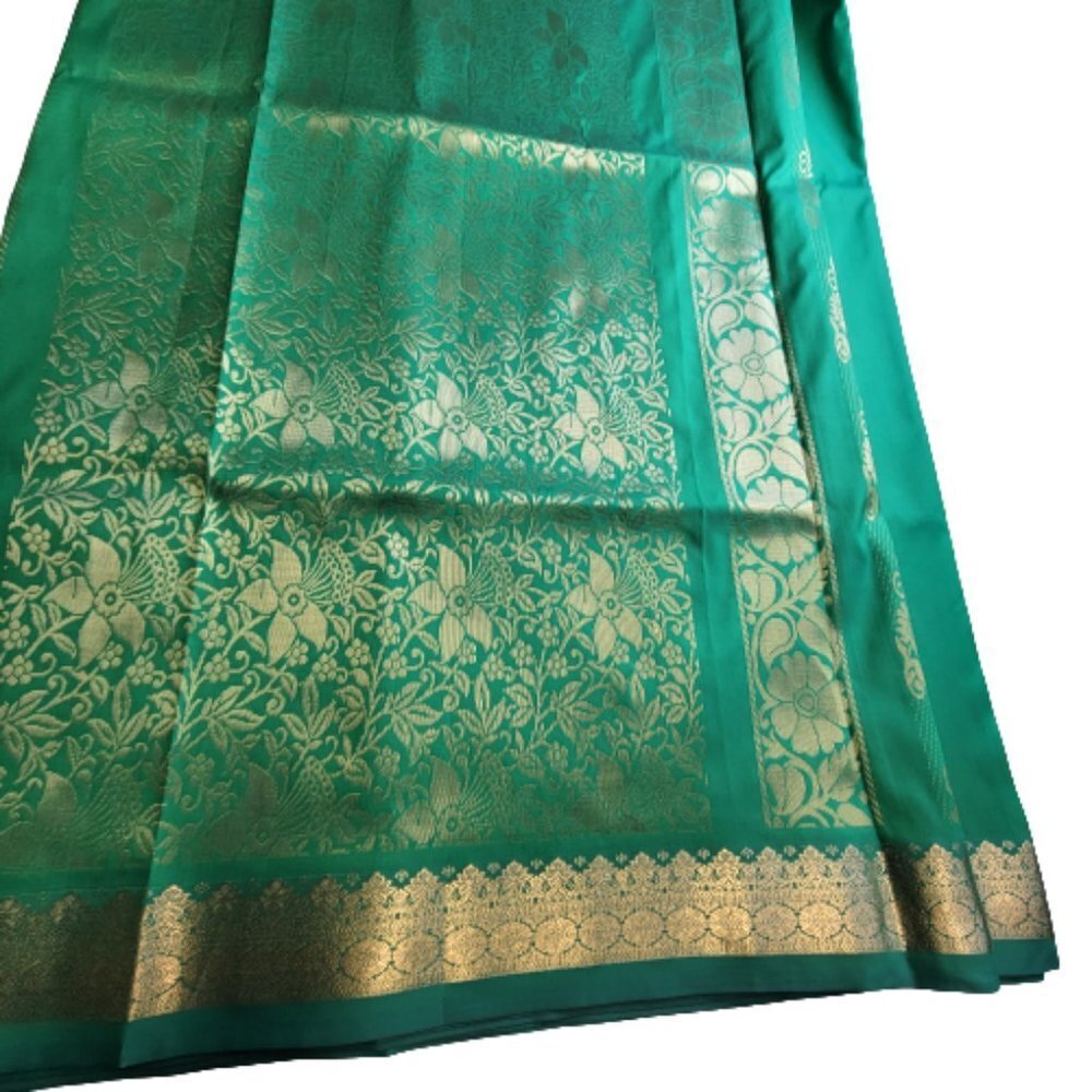 Saree, Sari, Green Saree with a Gold Border and Gold Accents- Unstitched- NEW
